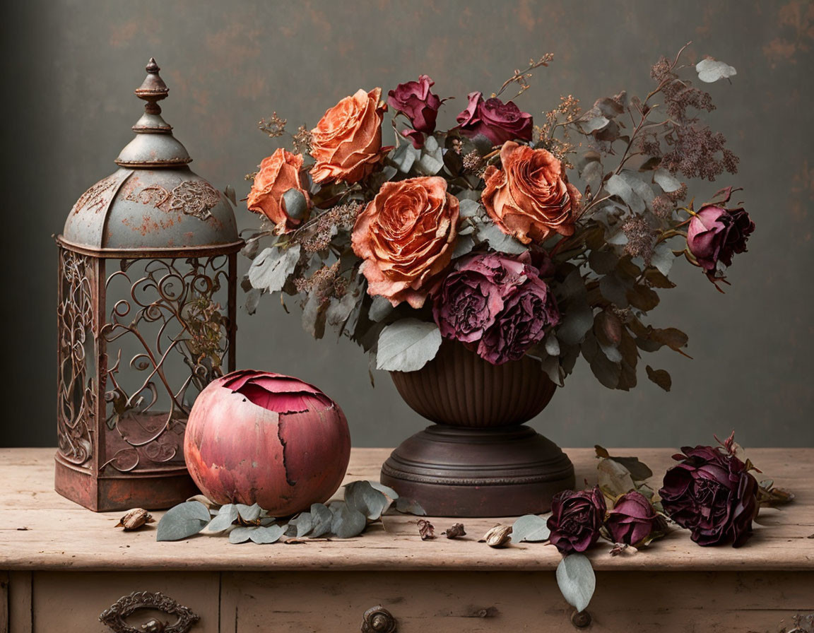 Rustic bouquet of dried roses, vintage lantern, pomegranate on wooden surface