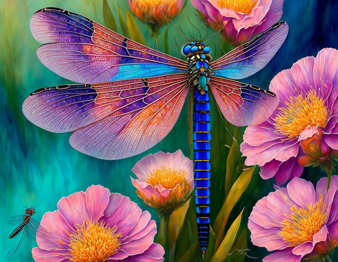 Colorful Illustration of Blue Dragonfly Above Pink Flowers