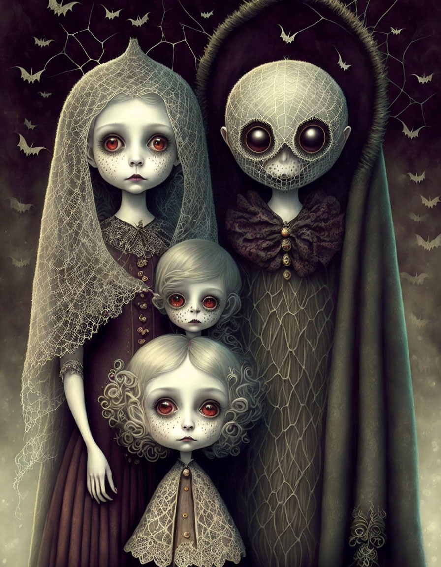 Gothic family illustration with pale skin and vintage attire