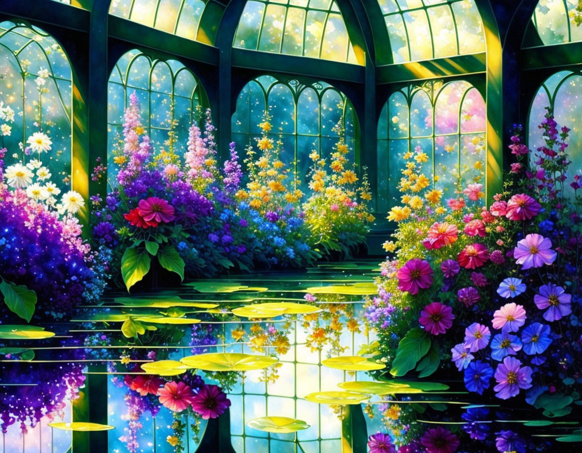 Lush Flower and Plant Garden under Stained-Glass Dome