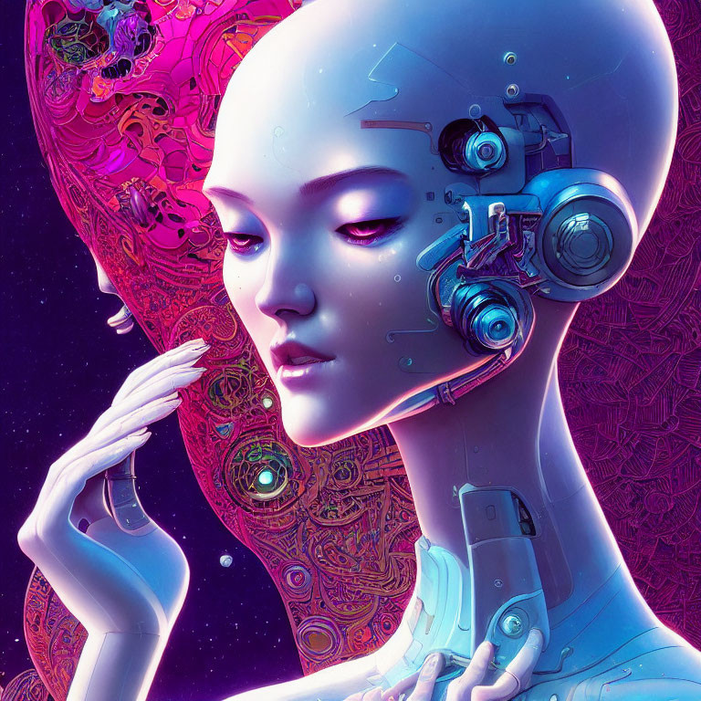 Female android with exposed mechanical parts on purple abstract background