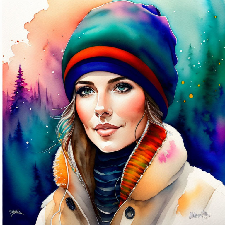 Colorful Watercolor Illustration of Woman with Blue Eyes in Forest Setting