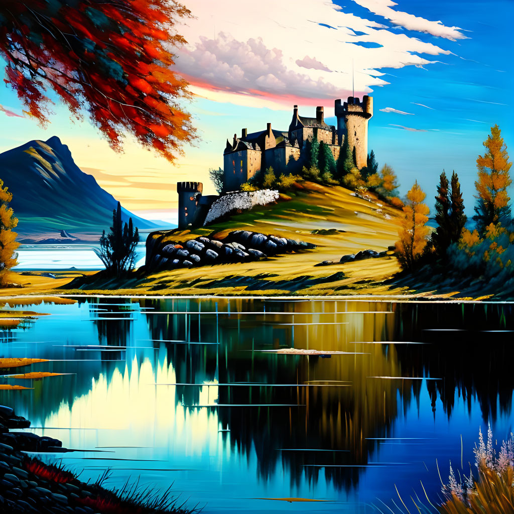 Scenic painting of castle on hill, autumn trees, serene lake, and mountain backdrop