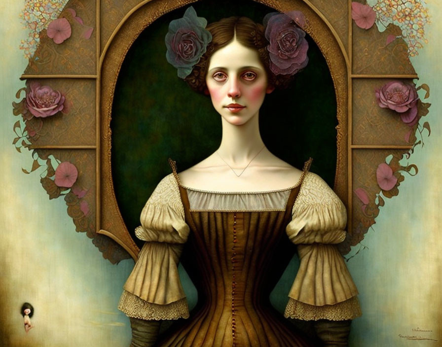 Surreal portrait of a woman with stylized attire and roses in her hair