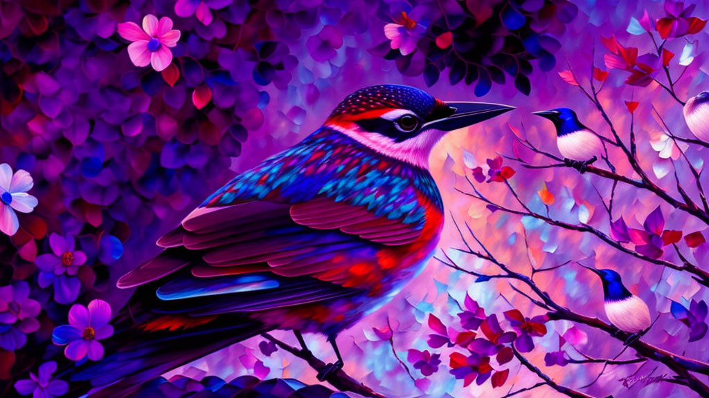 Colorful Bird Artwork Perched on Branch with Purple Flora