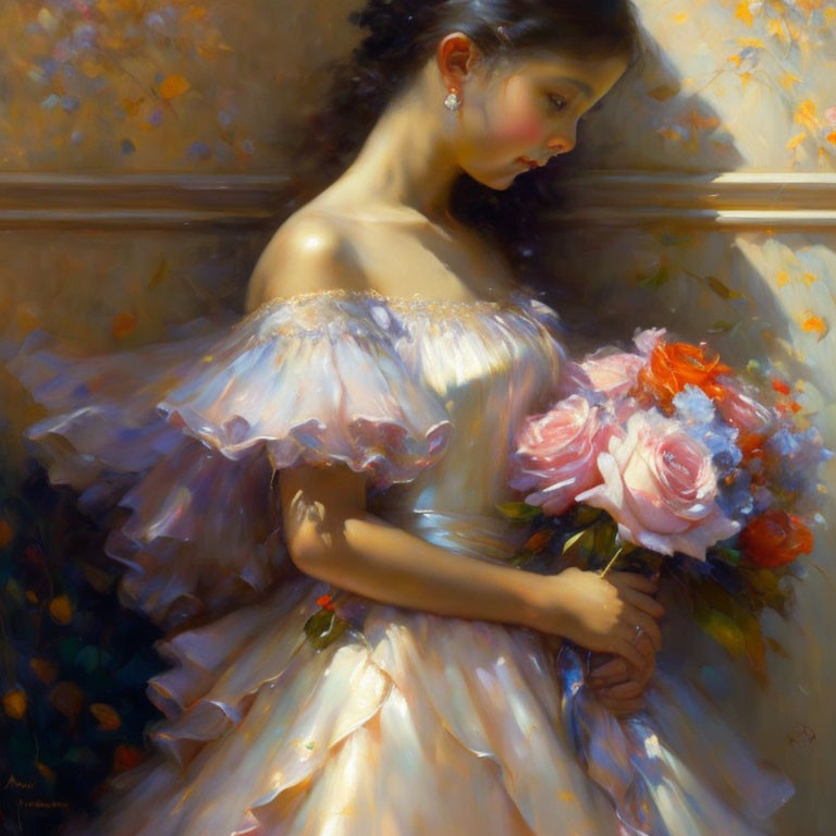 Pensive woman in ethereal gown holding roses under soft lighting