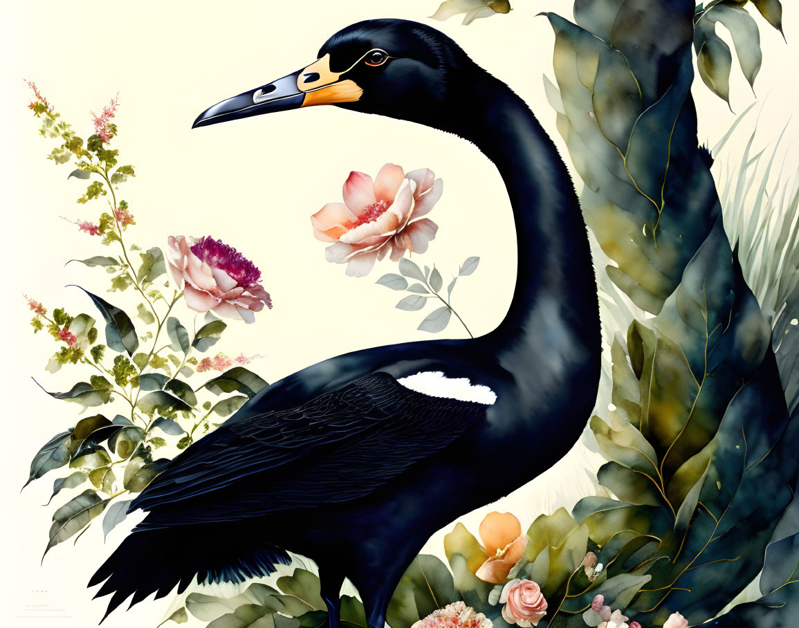 Majestic black bird with striking beak in colorful floral setting