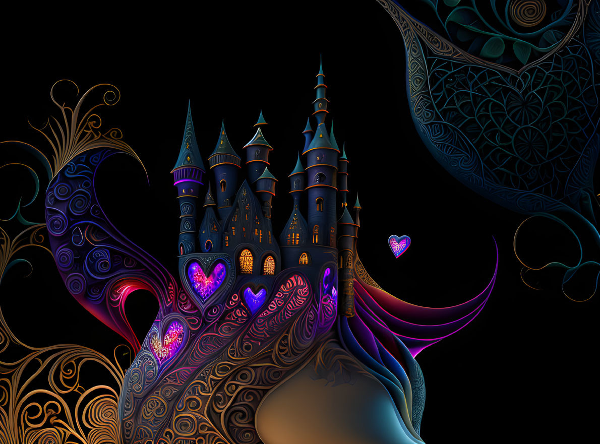 Stylized castle surrounded by glowing windows and ornate foliage on dark background