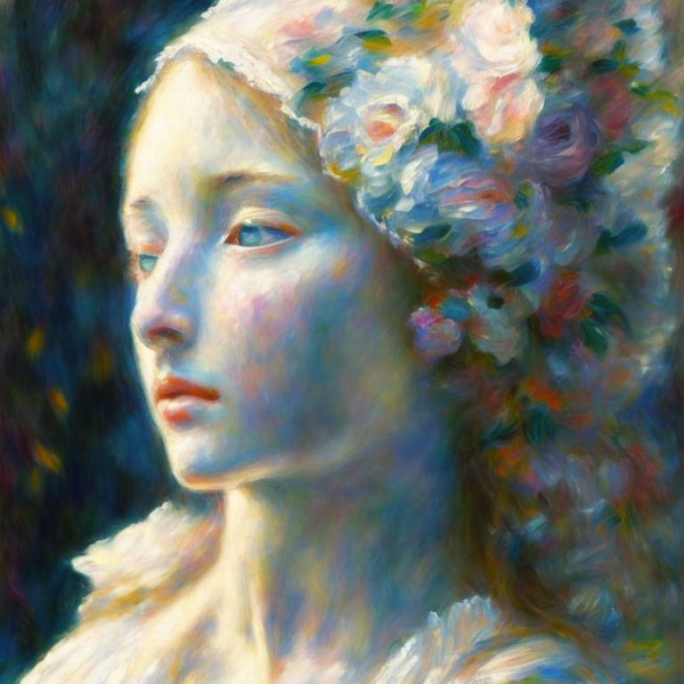 Pensive young woman with flowers in hair, vibrant brushstrokes & cool/warm colors