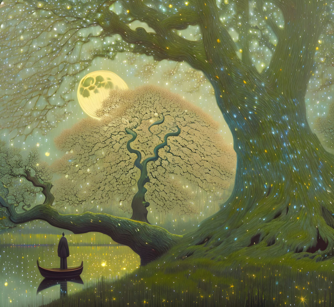 Surreal landscape with person in boat, glowing fireflies, and large moon