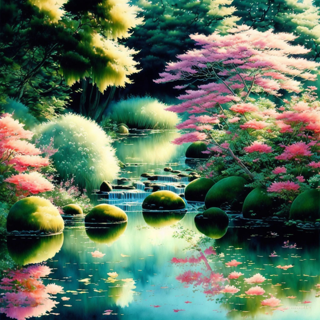 Surreal landscape: pink trees, greenery, mossy stones, and serene pond