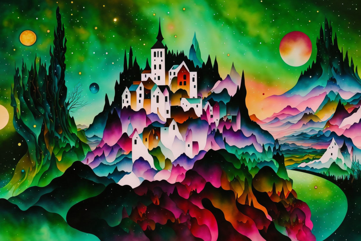 Surreal landscape painting with castle, colorful hills, and starry sky