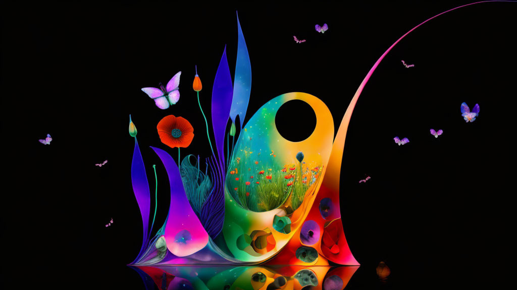 Colorful Abstract Digital Art: Plant Forms, Butterflies, Egg Structure