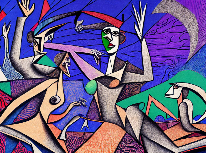 Colorful Cubist Painting of Three Figures