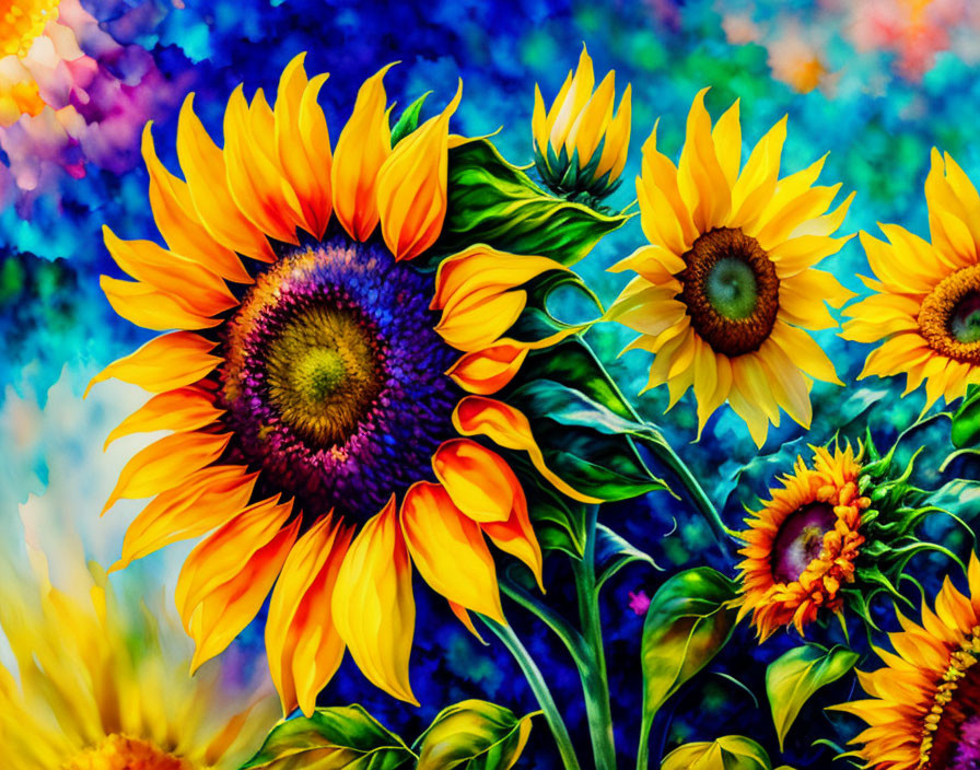 Colorful sunflower painting on vibrant, multicolored background