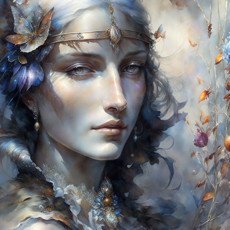 Fantasy-themed painting of ethereal woman with leaf and gemstone tiara.