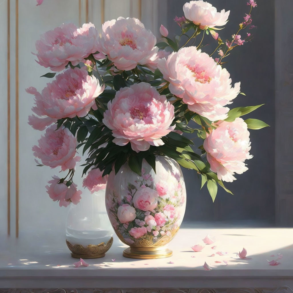 Pink peonies in vase with scattered petals on table