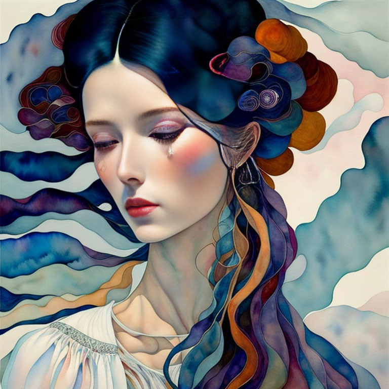 Multicolored flowing hair in stylized portrait with ethereal cloud-like textures