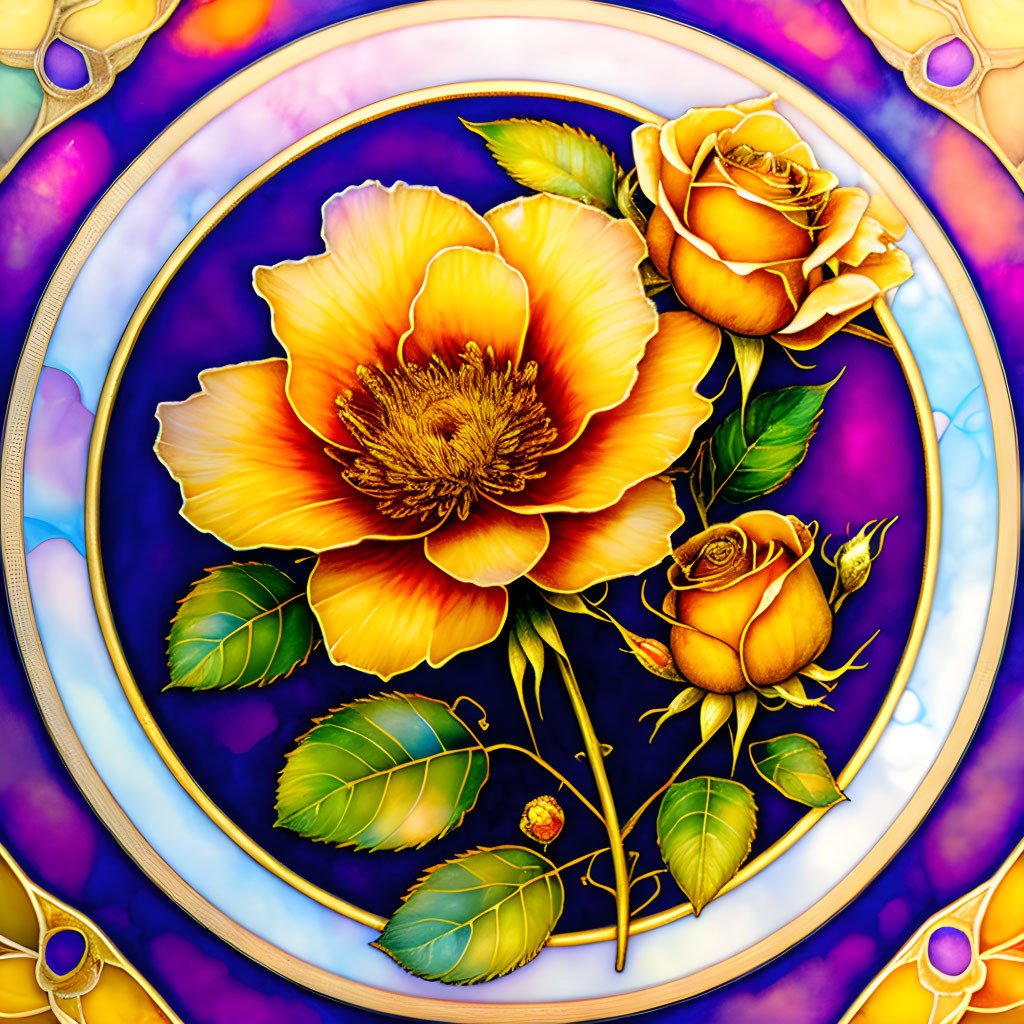 Colorful peony painting with gold and purple patterns in circular frame