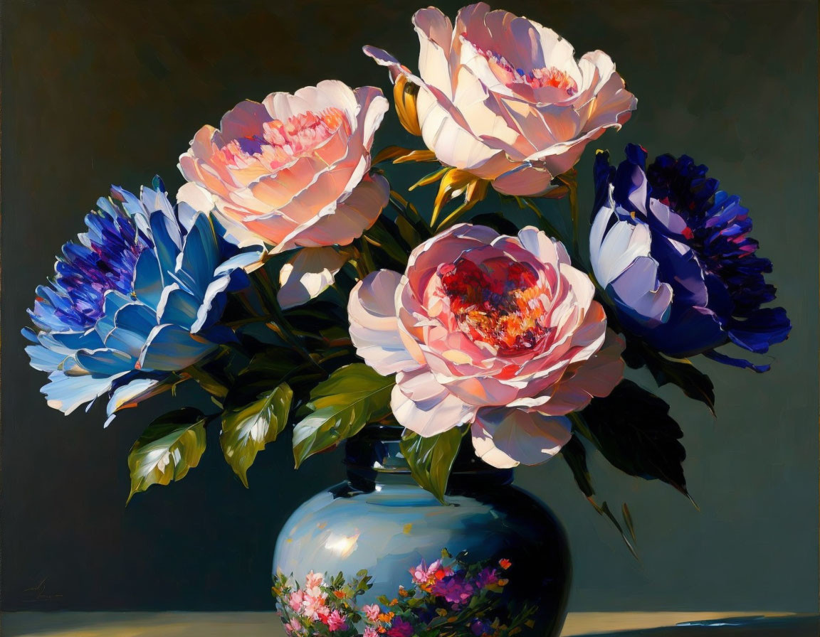 Colorful floral painting: Pink peonies, blue flowers, intricate vase on dark backdrop