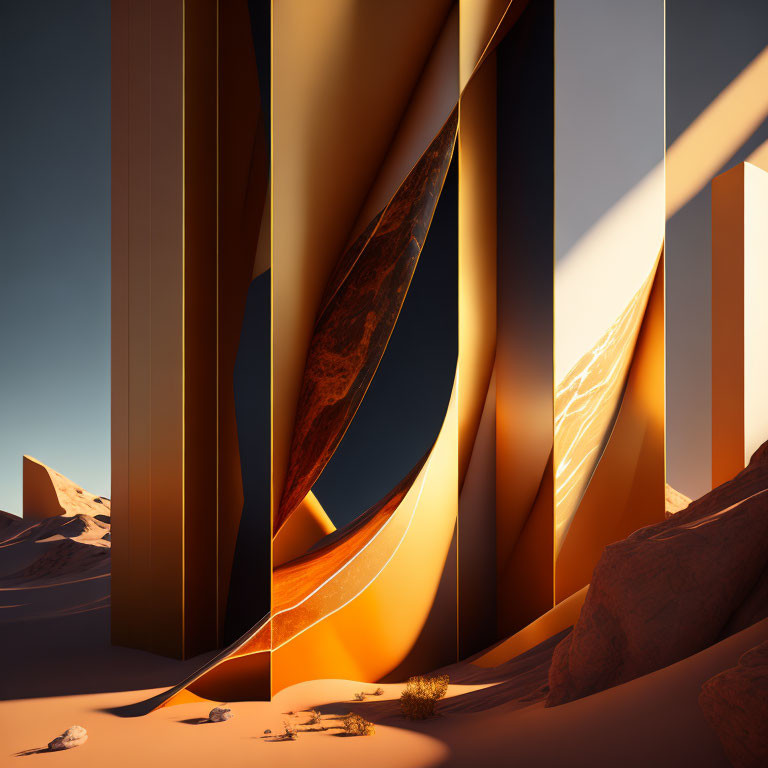 Surreal metallic structures in desert landscape with dunes and rocks