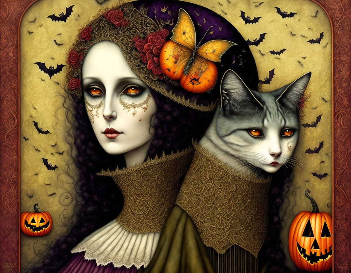 Gothic-style Halloween illustration with pale woman, cat, pumpkins & autumn leaves