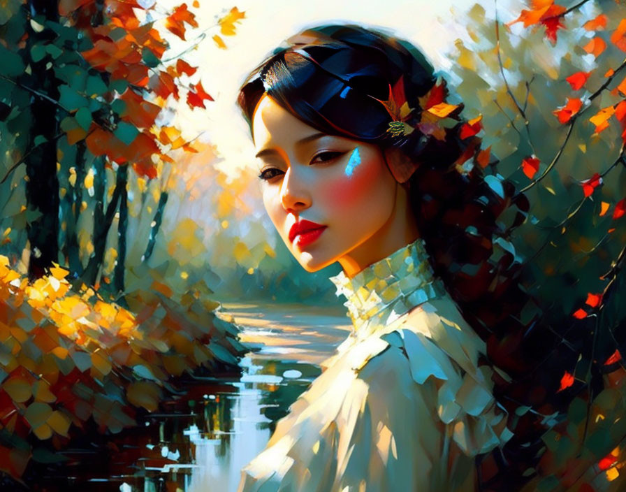 Serene woman in elegant attire surrounded by vibrant autumn leaves