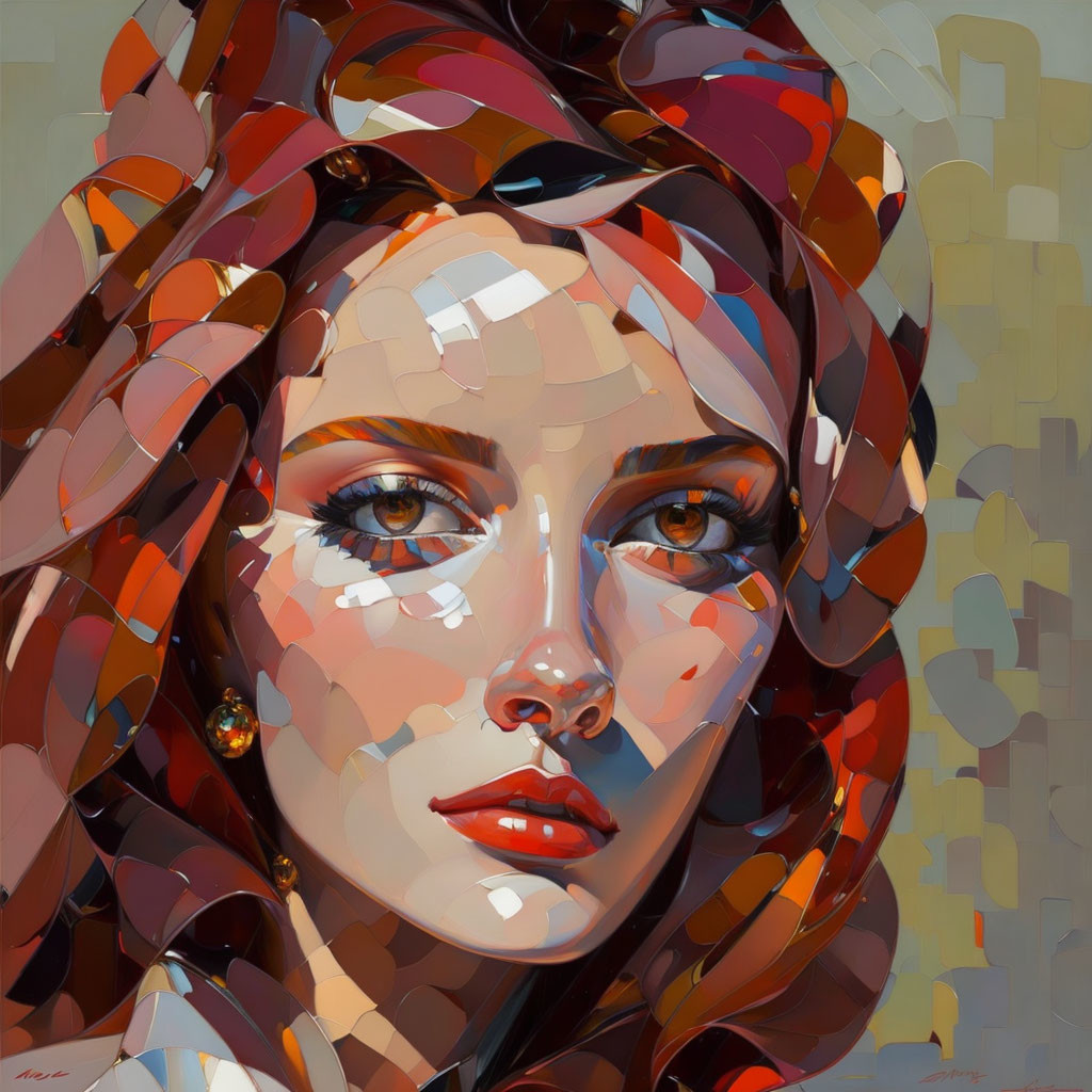 Modern portrait of a woman with warm hues and geometric patterns