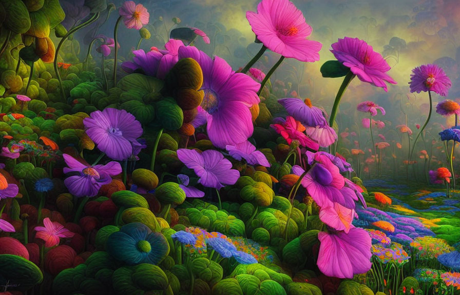 Colorful Oversized Flowers in Surreal Landscape with Enchanted Garden Vibes