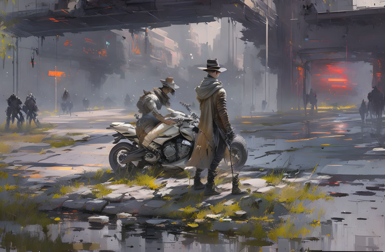 Futuristic cityscape with two figures and motorcycle.