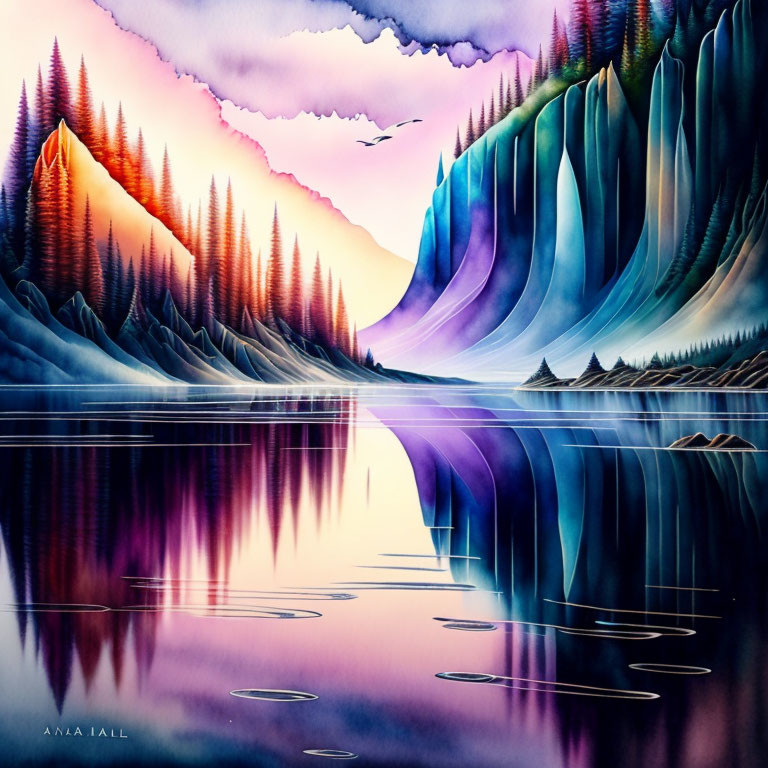 Surreal landscape with purple mountains, pine trees, reflective lake, pink and blue sky.