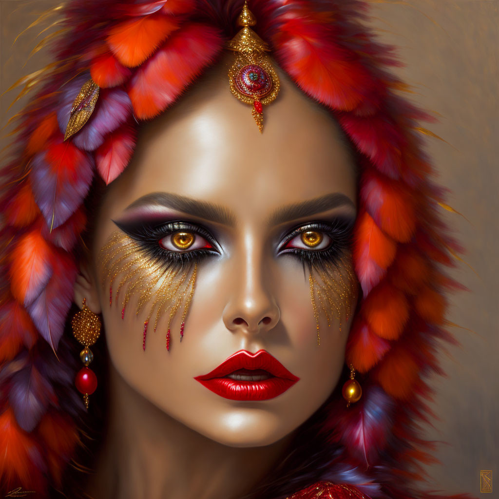 Vibrant woman portrait with striking makeup and feather headdress