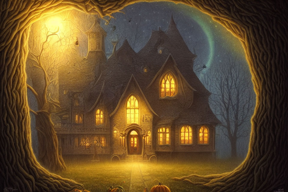 Victorian house in twilight setting with crescent moon and autumn ambiance