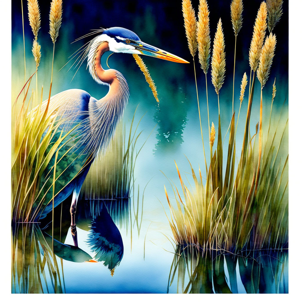 Colorful Great Blue Heron Illustration by Water's Edge