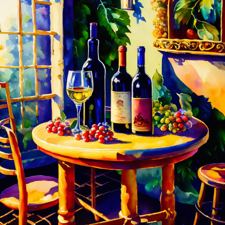 Colorful still life painting with wine bottles, glass, grapes, and circular table.