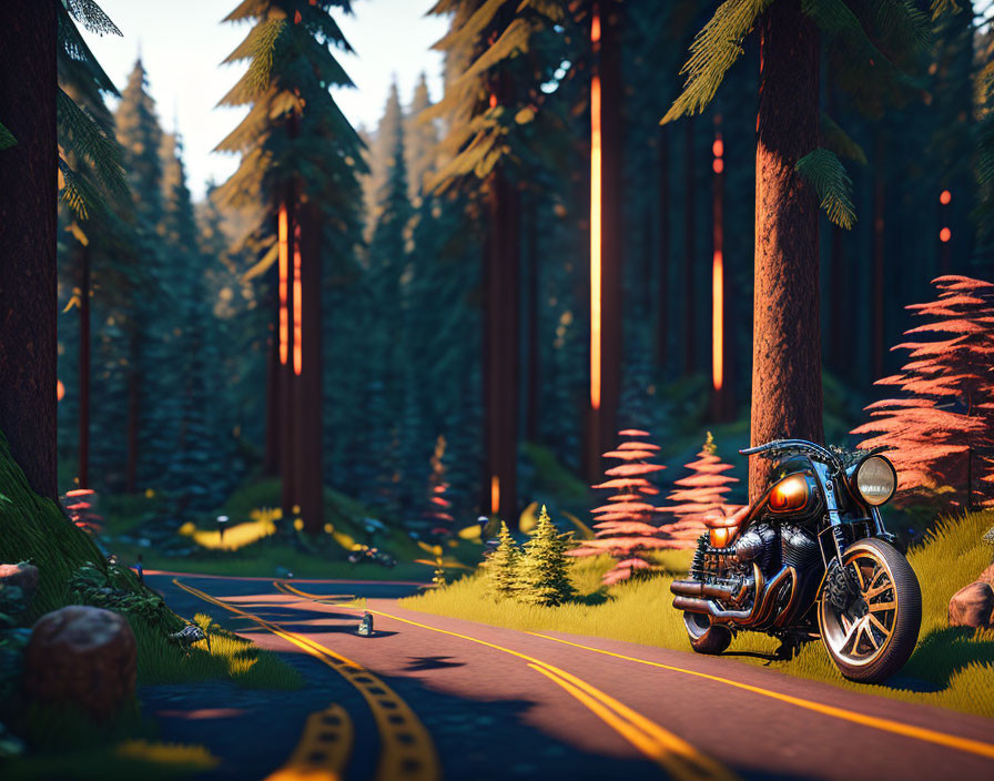 Motorcycle with Red Headlights in Forest Sunset Scene