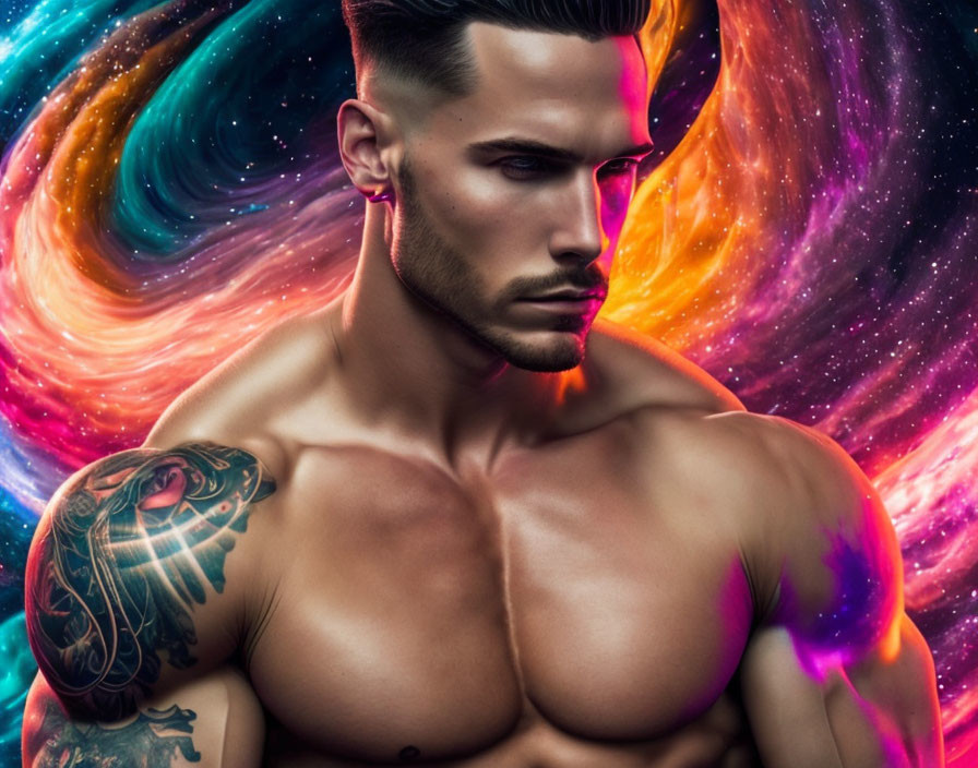 Muscular man with beard and tattoos in cosmic digital art portrait