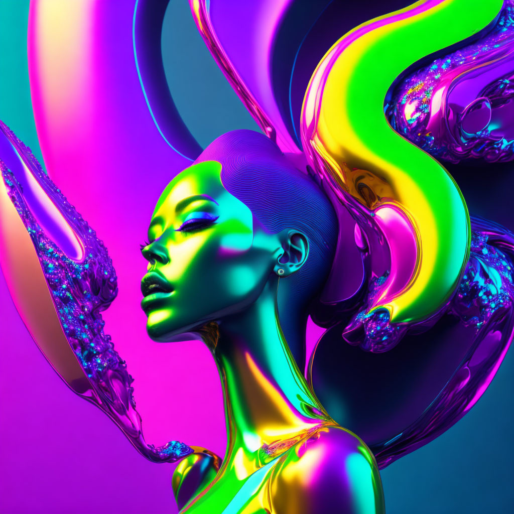 Colorful digital art: metallic skin model with neon abstract shapes