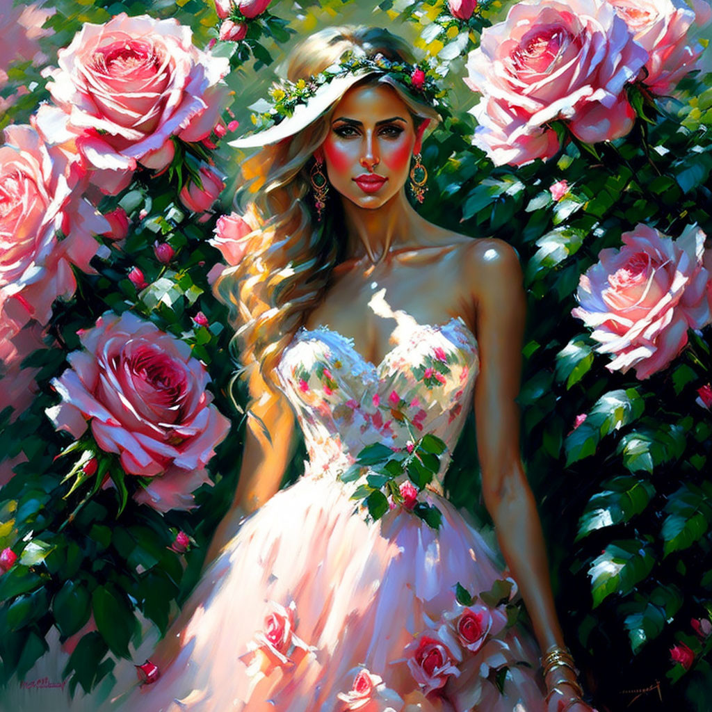 Portrait of Woman in Floral Crown and Pink Dress Surrounded by Roses