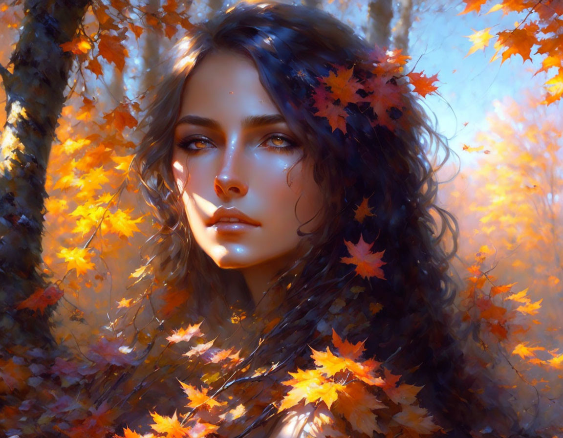 Digital artwork: Woman with dark hair in vibrant autumn setting