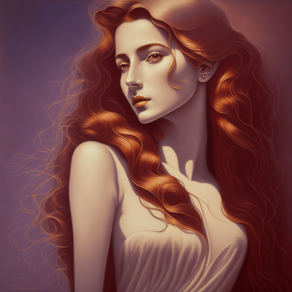 Illustrated portrait of woman with flowing red hair and serene expression in light-colored dress