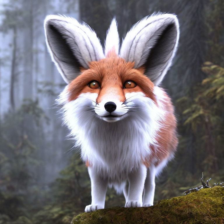 Anthropomorphized fox in misty forest with big eyes and fluffy ears