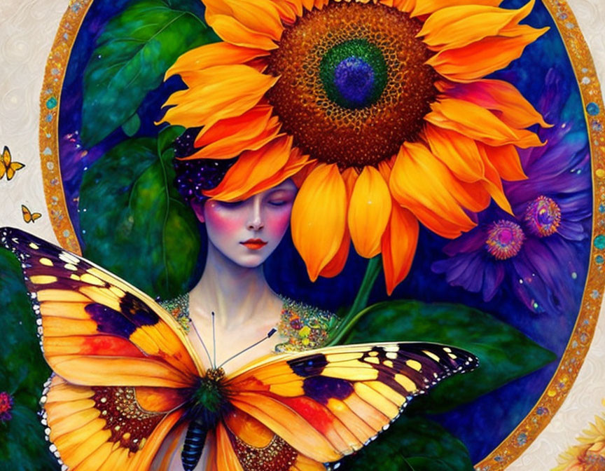 Colorful artwork of woman with sunflower hair and butterfly wings surrounded by floral motifs