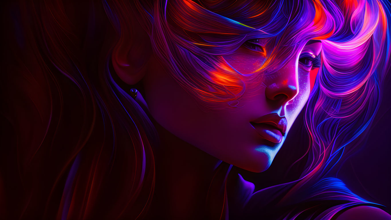 Colorful digital artwork: Woman with flowing neon blue and pink hair exudes mystical allure