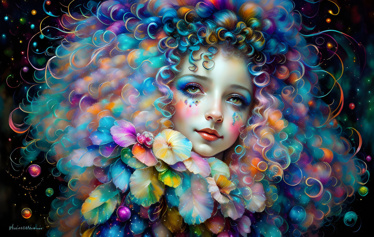 Colorful digital artwork: Girl with curly hair and flowers on starry background