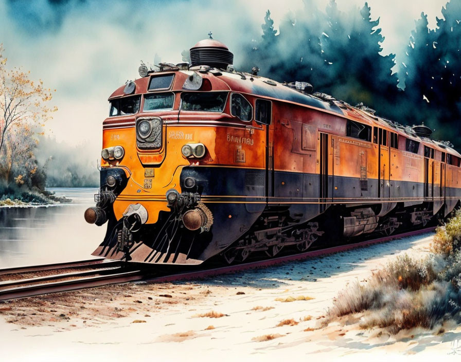 Vintage Orange Train Number 9916 on Tracks by River