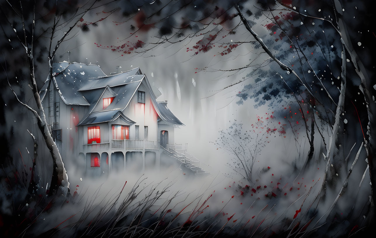 Snowy winter landscape with cozy illuminated house and misty fog