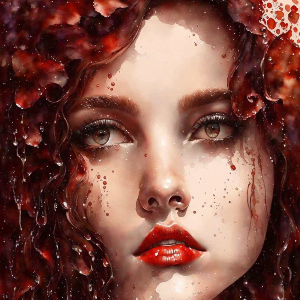 Vibrant digital portrait of a woman with red hair, green eyes, and red lips