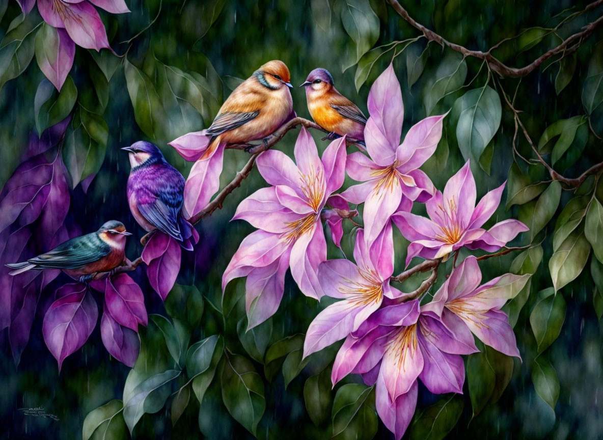 Vibrant birds among pink and purple flowers in lush greenery