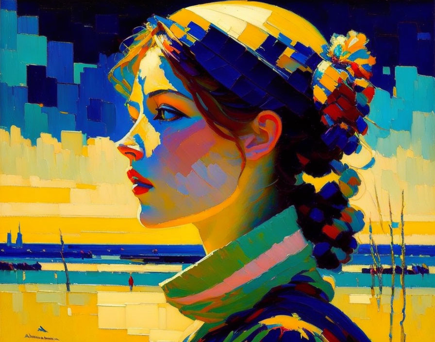 Abstract painting of a woman with patterned headscarf and cityscape background